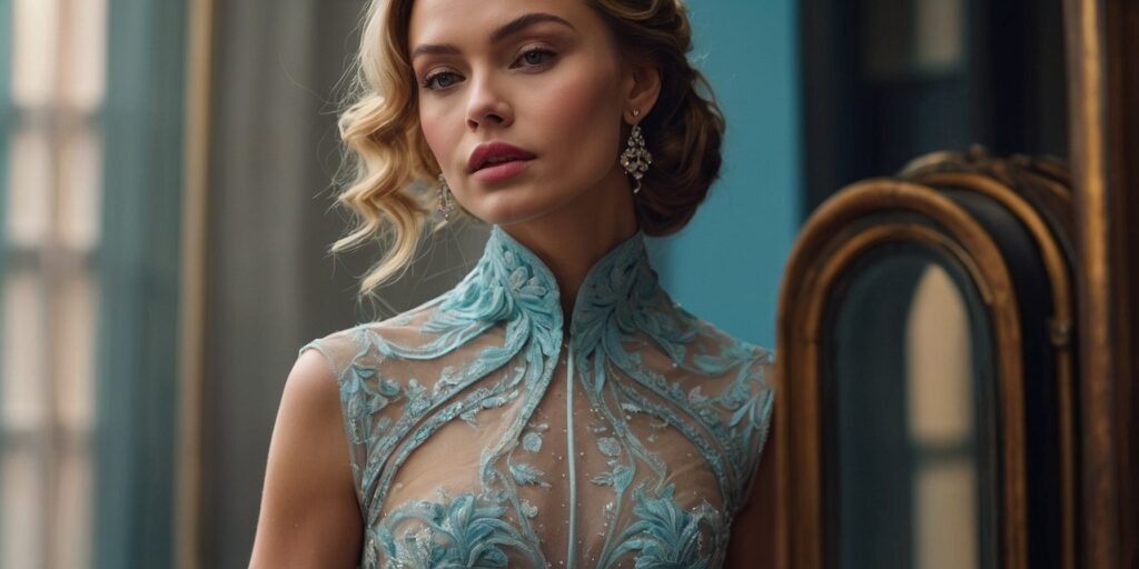 Une femme souriante montrant son décolleté après un lifting mammaire. L'image est en couleur, la femme a les cheveux longs et est habillée d'une robe élégante. Le fond est flou et lumineux, mettant en avant la beauté du décolleté de la femme. L'image est de haute qualité et transmet une sensation de confiance et de bien-être.