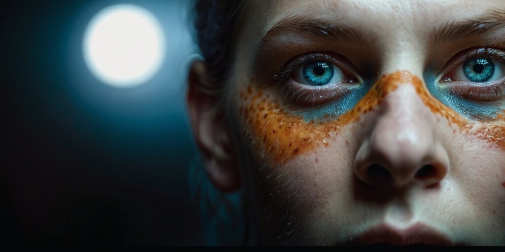 Une illustration montrant les différents symptômes du syndrome de Horner, comme la pupille rétrécie, la peau du visage rouge et sèche, etc.