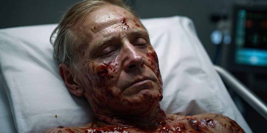 Une image d'un grand brûlé en soins intensifs, recevant des soins médicaux Une image d'un grand brûlé en soins intensifs, recevant des soins médicaux