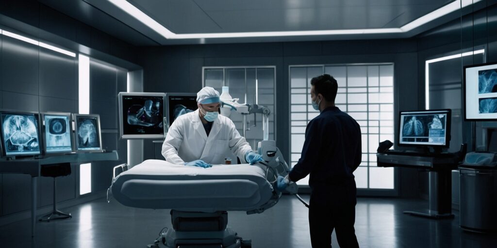Image d'un robot chirurgical assisté par l'IA en train d'effectuer une intervention de chirurgie esthétique. Image d'un robot chirurgical assisté par l'IA en train d'effectuer une intervention de chirurgie esthétique.