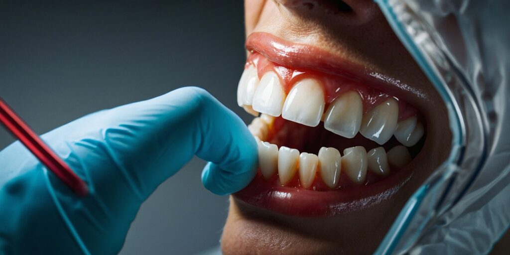 Une image d'un dentiste prenant une empreinte d'une dent avec une matière blanche. Une image d'un dentiste prenant une empreinte d'une dent avec une matière blanche.