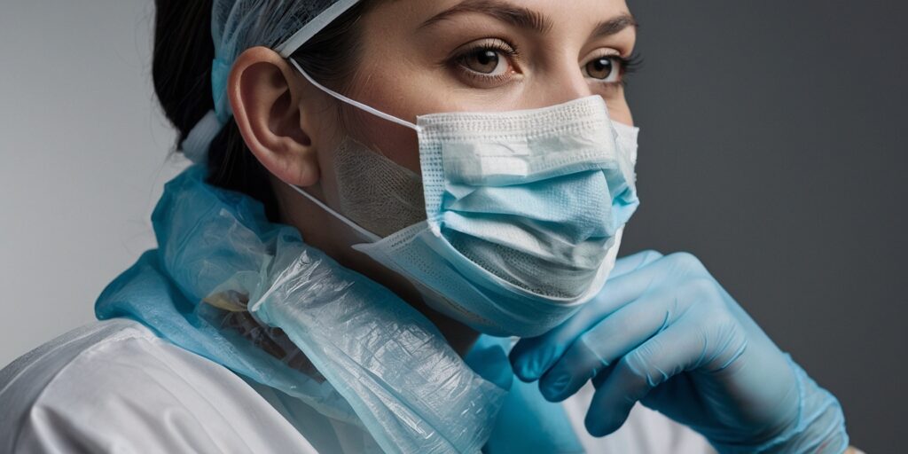 Une image illustrant une personne en convalescence après une septoplastie, avec un pansement sur le nez et des compresses froides sur les yeux.