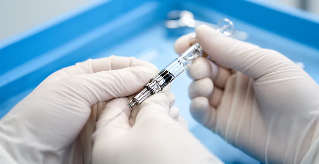 Mains gantées du praticien préparant une seringue d'acide hyaluronique