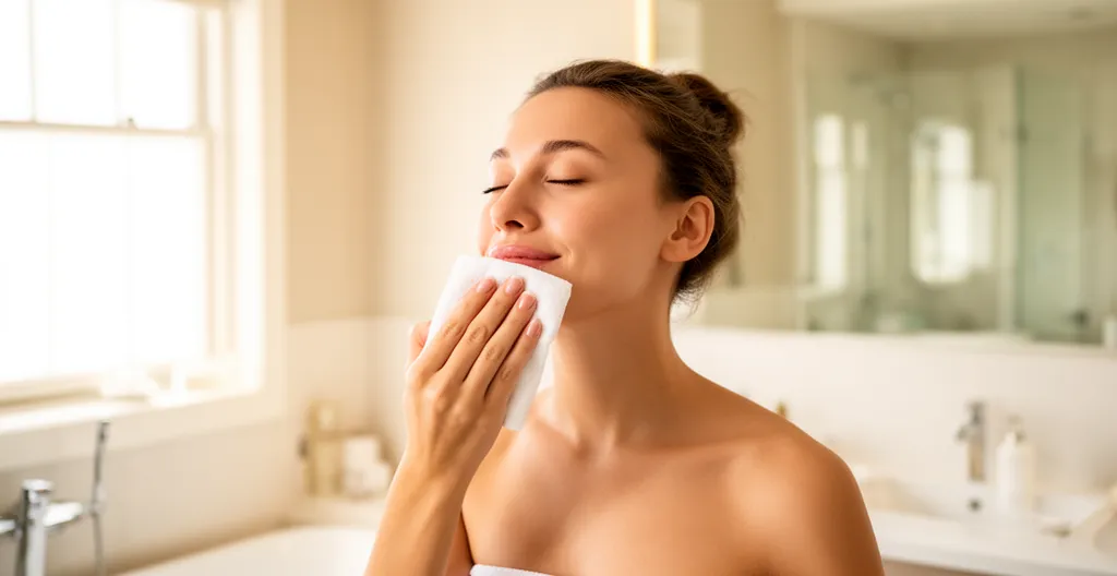 Femme appliquant délicatement une compresse froide sur ses lèvres