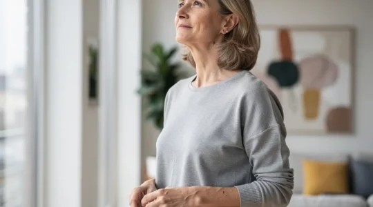 Femme confiante réfléchissant à une cure de ptose mammaire