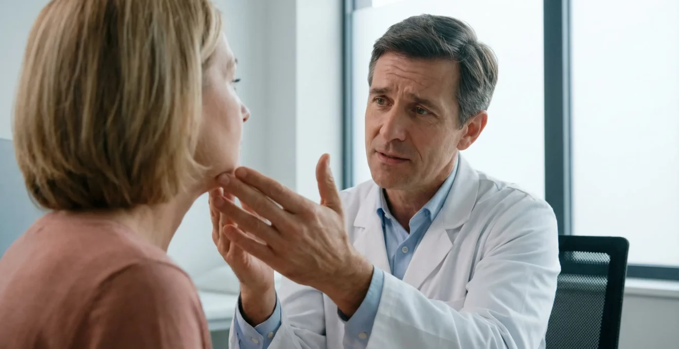 Chirurgien expliquant les zones du visage à une patiente lors d'une consultation médicale