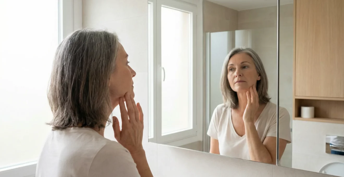 Femme observant son profil et sa mâchoire dans un miroir de salle de bain lumineuse