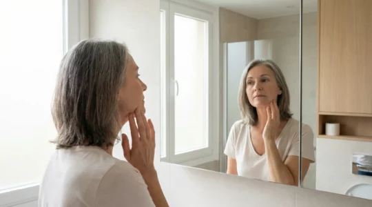 Femme observant son profil et sa mâchoire dans un miroir de salle de bain lumineuse