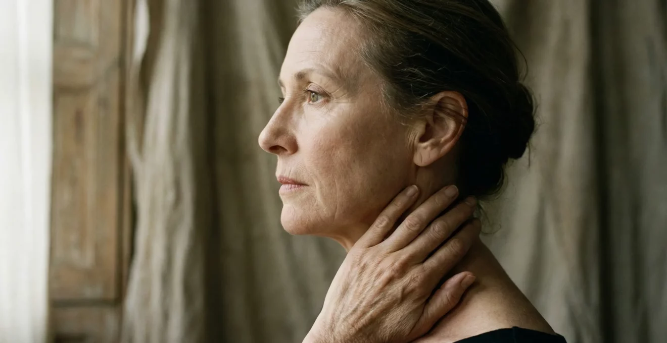 Femme de profil observant naturellement la zone de son cou avec expression contemplative