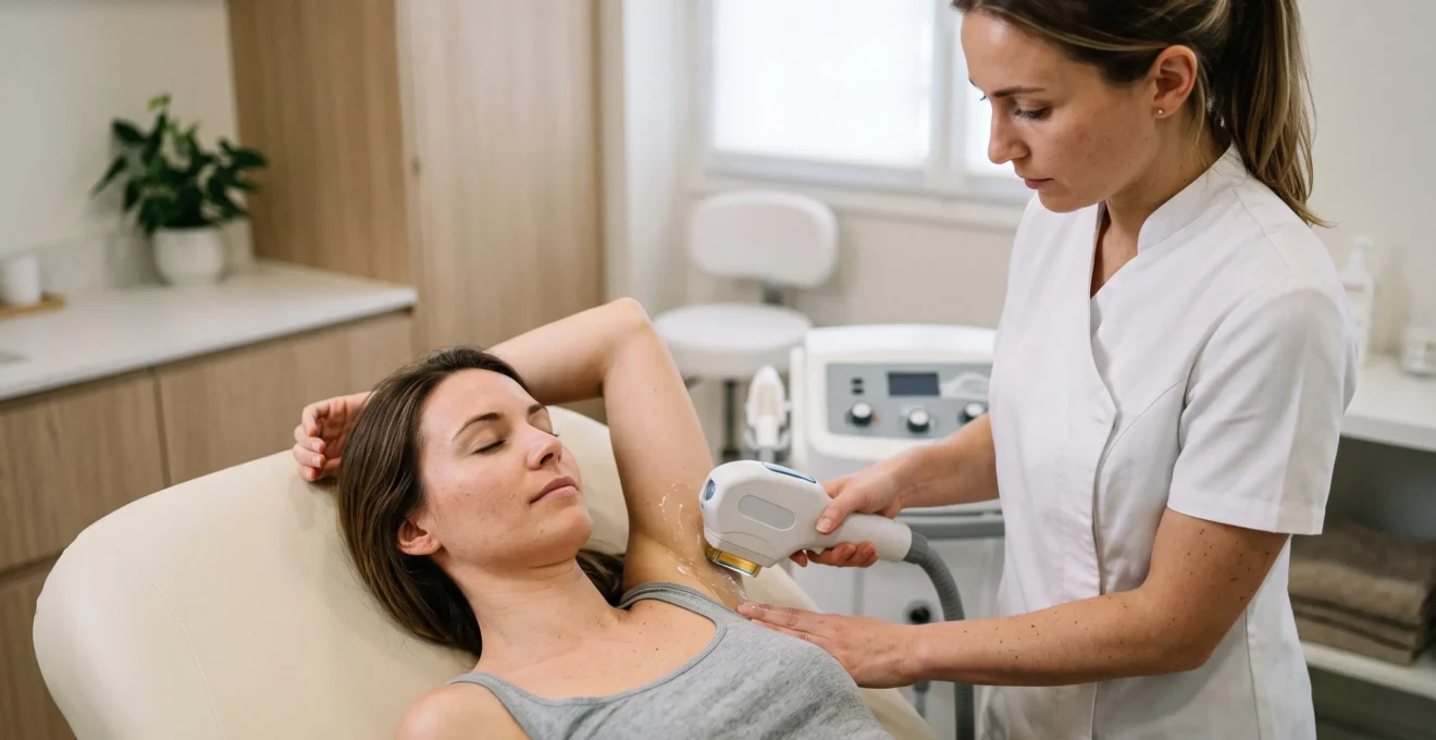 Praticienne utilisant un appareil à lumière pulsée IPL pour un traitement d'épilation sur une zone d'aisselle