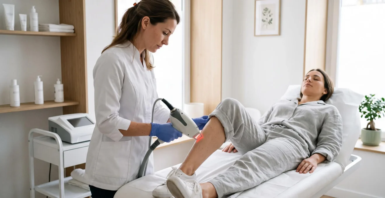 Praticienne médicale réalisant une séance d'épilation laser sur la jambe d'une patiente dans un cabinet médical moderne