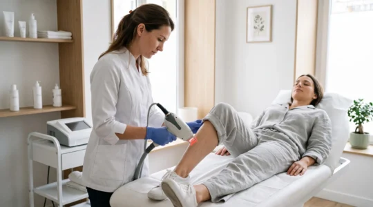 Praticienne médicale réalisant une séance d'épilation laser sur la jambe d'une patiente dans un cabinet médical moderne